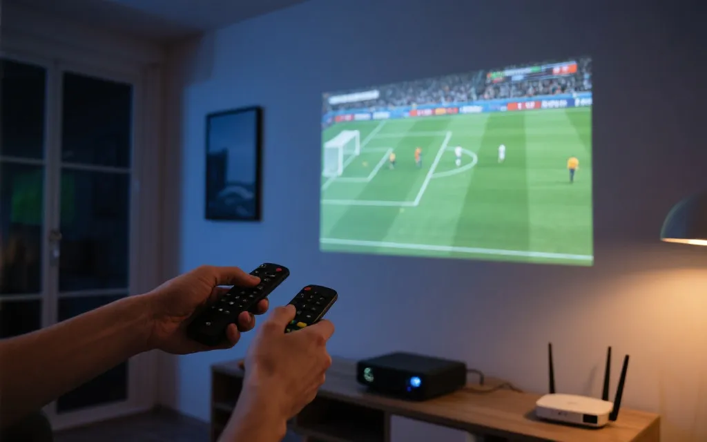 投影观赛调试：墙面大画面、遥控器与网络设备