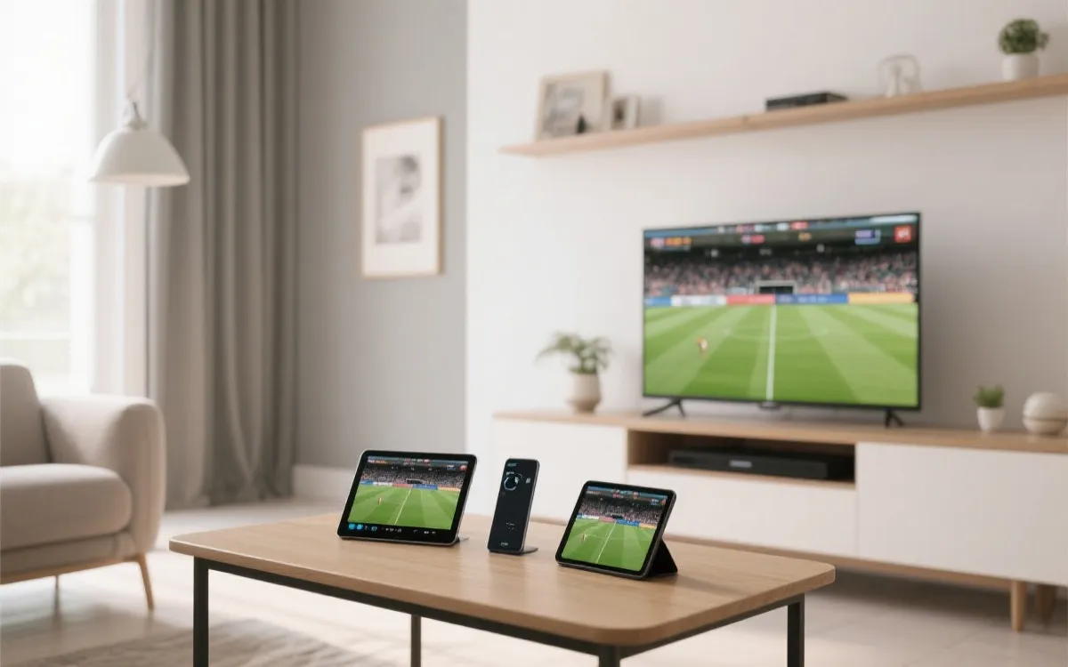 手机平板与电视多屏同时播放体育赛事的场景，现代家居，简洁风格